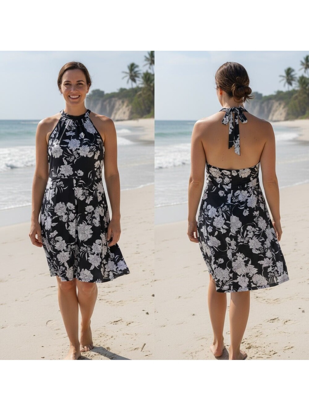 1996 - OUGES Women's Black and White Floral Halter Dress XL